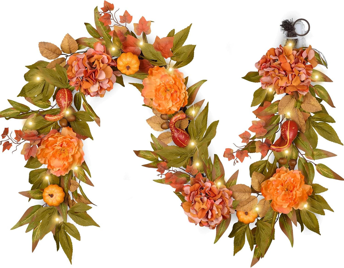 DecorbyHannah 6ft Fall Garland for Mantle with Lights & Pumpkin Hydrangea | Pre-Lit Harvest Autumn Thanksgiving Artificial Floral Blue Peony Garland Fall Decorations for Home Door Table Porch Outdoor