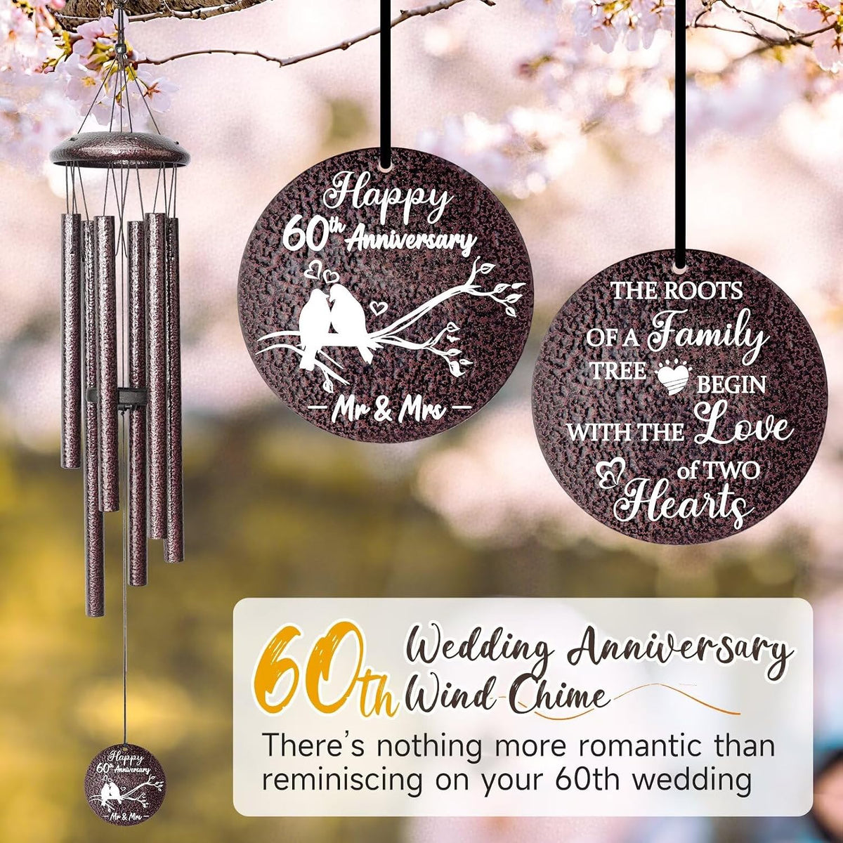 Anniversary Wind Chimes Gifts for Men Women, Happy Anniversary Decorations, 25 Wind Chimes Romantic Gift for Couple, Parents, Wife, Husband, Friends (60th