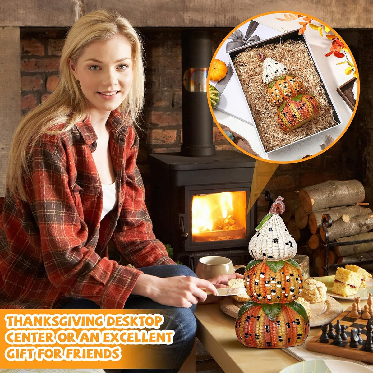 Fall Decorations for Home, Artificial Corn Decorative Pumpkins Figurines | 14'' Fall Stacked Pumpkin Decor, Resin Farmhouse Autumn Table Centerpieces for Thanksgiving Halloween Living Room Indoor