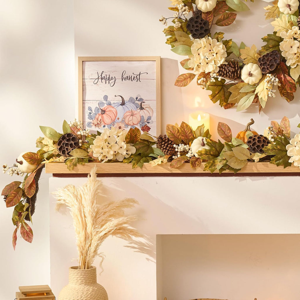DecorbyHannah 6ft Fall Garland for Mantle with Lights &Pumpkin Maple Leaves | Pre-Lit Harvest Autumn Thanksgiving Pinecone Lotus Lighted Garland Fall Decorations for Home Front Door Table Porch Outdoor