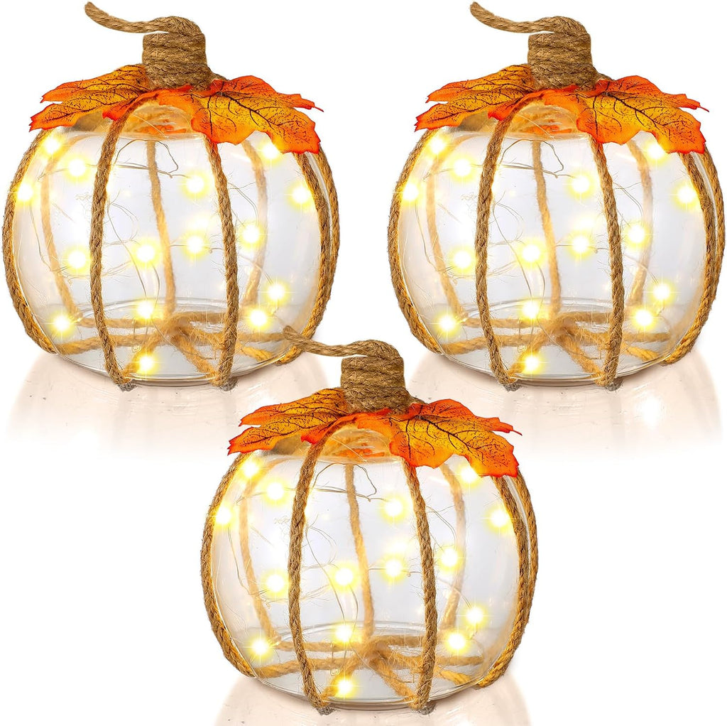 Honeydak Fall Decorations for Home, 3 Pcs Glass Pumpkin Lights with LED | Warm Fairy Starry Lights, for Autumn Harvest, Thanksgiving, Halloween, Mantel, Shelf, Table Centerpiece Decor or Gifts