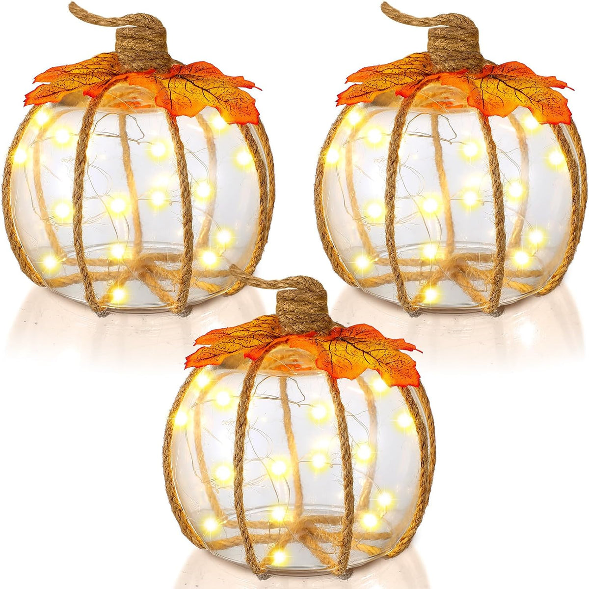 Honeydak Fall Decorations for Home, 3 Pcs Glass Pumpkin Lights with LED | Warm Fairy Starry Lights, for Autumn Harvest, Thanksgiving, Halloween, Mantel, Shelf, Table Centerpiece Decor or Gifts