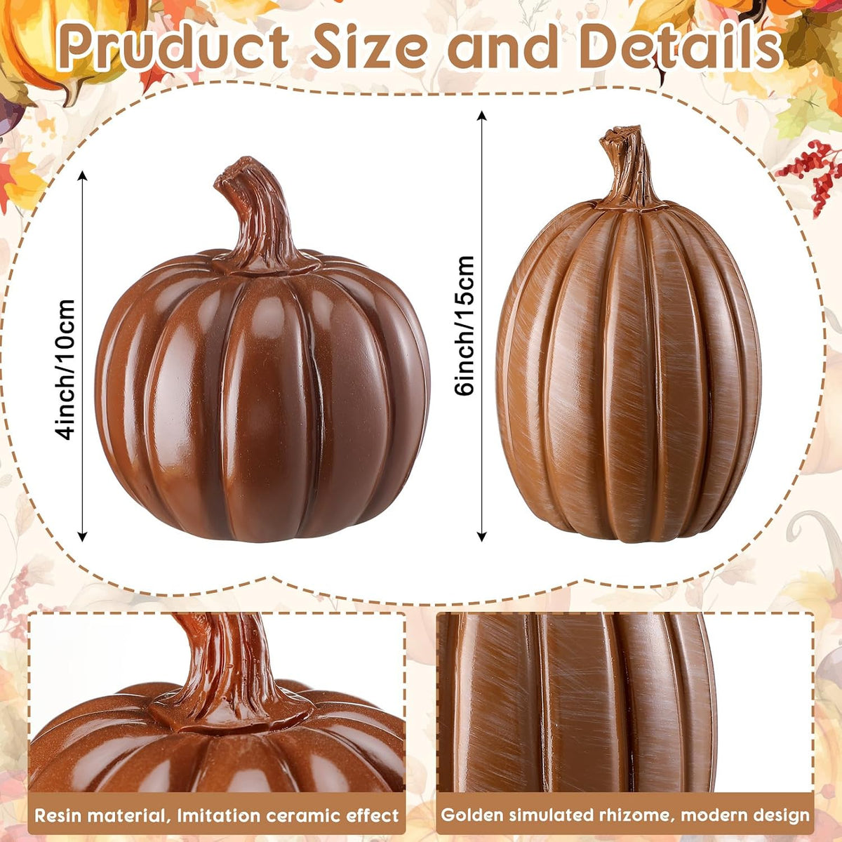 Vicenpal 2 Pcs Fall Pumpkin Decor Resin Pumpkin Table Decor, Brown, Glossy | Fall Table Centerpieces, Brown Pumpkins Figurine, Farmhouse Rustic, Thanksgiving Decor, Autumn Halloween Tabletop Mantel Home