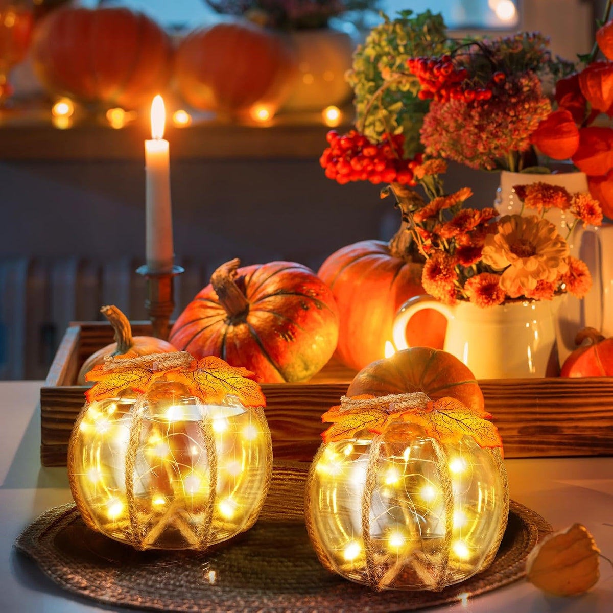 Honeydak Fall Decorations for Home, 3 Pcs Glass Pumpkin Lights with LED | Warm Fairy Starry Lights, for Autumn Harvest, Thanksgiving, Halloween, Mantel, Shelf, Table Centerpiece Decor or Gifts