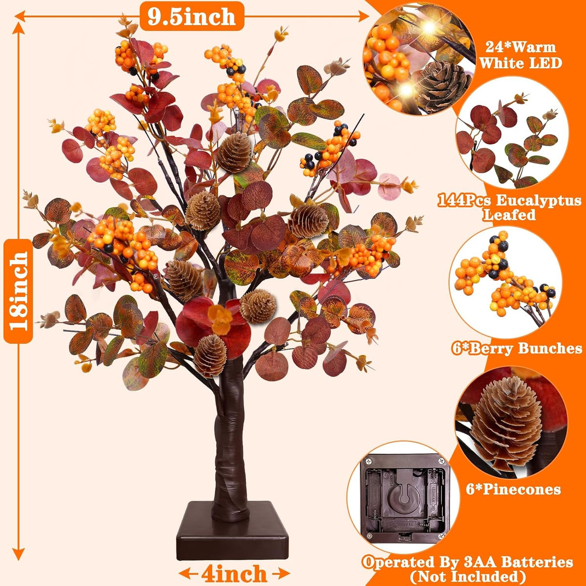 TURNMEON Fall Decor 2 Pack 18 Inch Tabletop Prelit Fall Trees 48 LED Timer | Fall Decorations for Home, Battery Operated, Maple Tree 288 Eucalyptus Leafed 12 Acorns Berried, Thanksgiving Table Decor