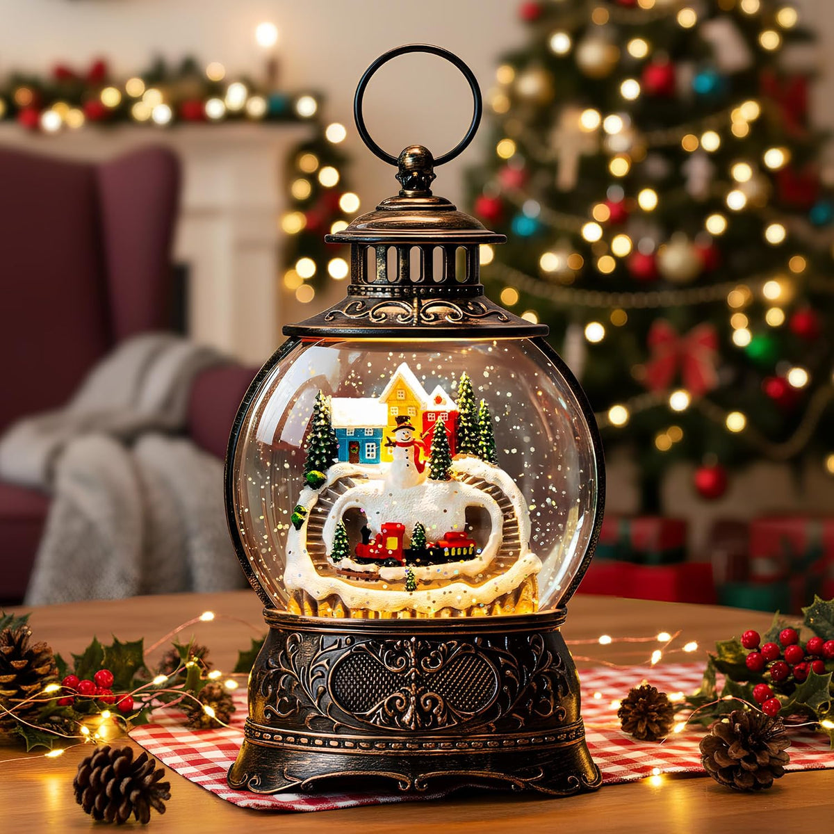 Fall Harvest Snow Globe Lantern, Lighted Autumn Pumpkin Snow Globe with Sunflowers, Scarecrow & Fence, Vintage Tabletop Thanksgiving Decor for Home, Living Room, Mantel, Farmhouse