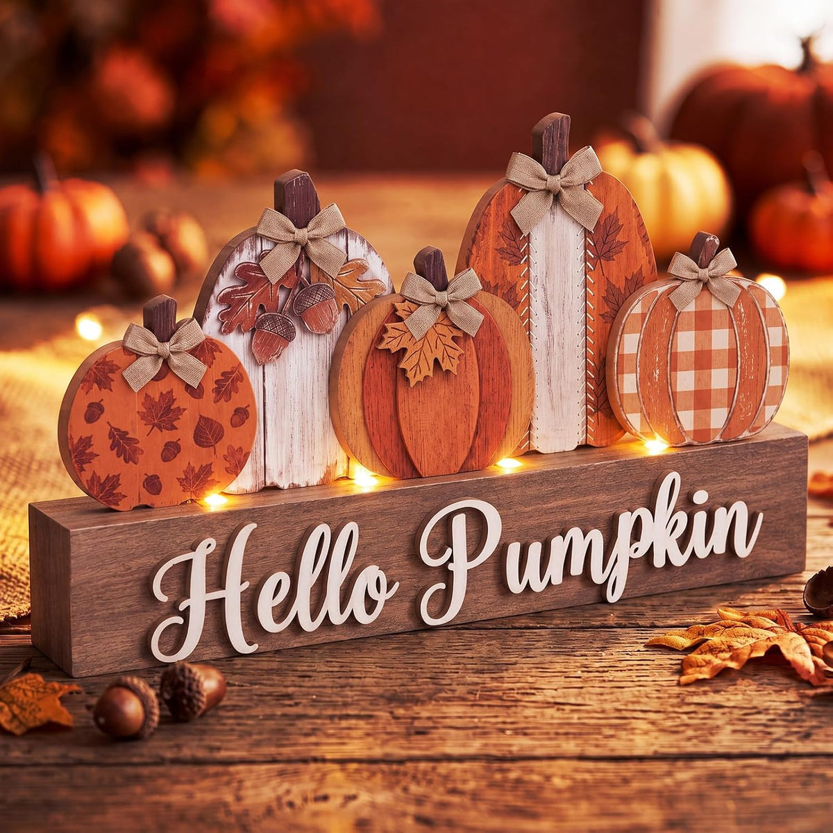 Chunful Lighted Pumpkins Teble Decor Rustic Fall Tabletop Sign | Fall Thanksgiving Table Centerpiece, 7.95×4.49 Inch Lighted Wooden Pumpkin for Home Office Fireplace Harvest Party Decor
