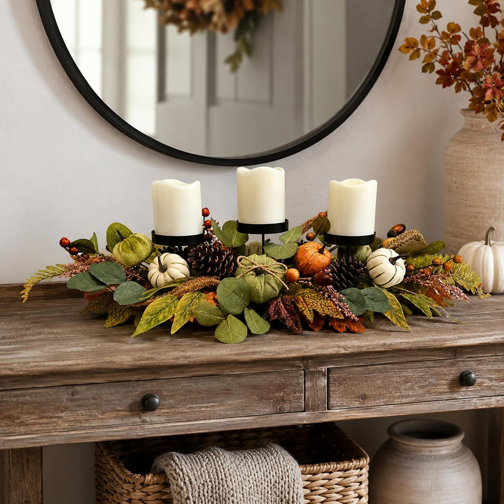 Svndlyn 26 Inch Fall Candle Holder Centerpiece with Pumpkins Pinecones | Three Black Candle Cups with Eucalyptus Leaves, Acorn and Berry Accents for Fall, Harvest and Thanksgiving Decor