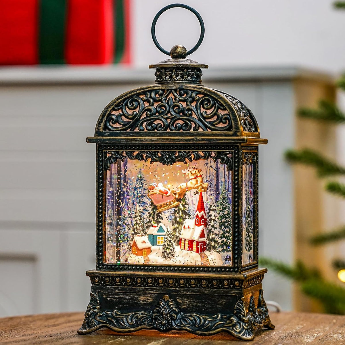 Fall Harvest Snow Globe Lantern, Lighted Autumn Pumpkin Snow Globe with Sunflowers, Scarecrow & Fence, Vintage Tabletop Thanksgiving Decor for Home, Living Room, Mantel, Farmhouse