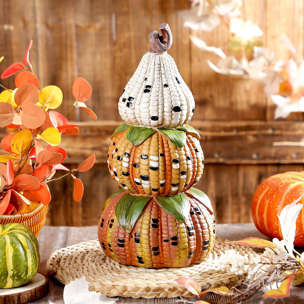 Fall Decorations for Home, Artificial Corn Decorative Pumpkins Figurines | 14'' Fall Stacked Pumpkin Decor, Resin Farmhouse Autumn Table Centerpieces for Thanksgiving Halloween Living Room Indoor