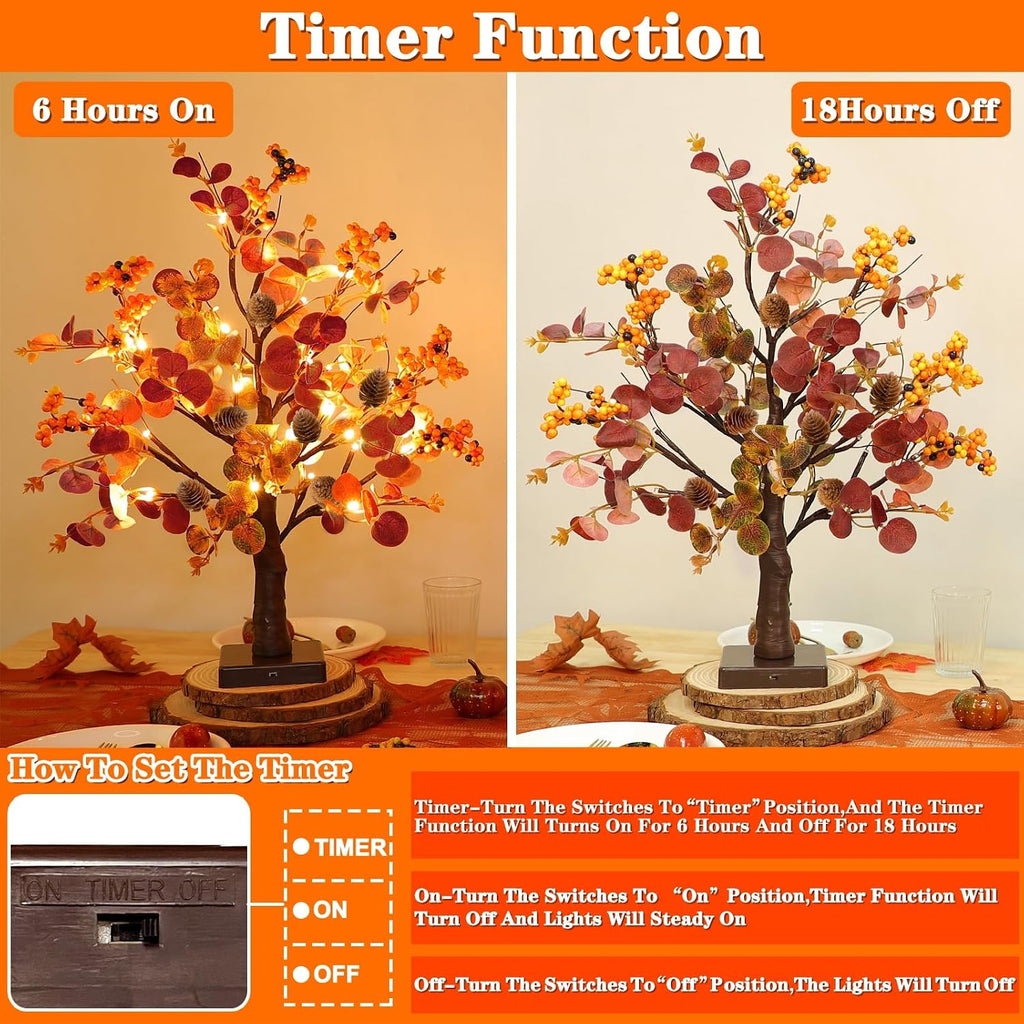 TURNMEON Fall Decor 2 Pack 18 Inch Tabletop Prelit Fall Trees 48 LED Timer | Fall Decorations for Home, Battery Operated, Maple Tree 288 Eucalyptus Leafed 12 Acorns Berried, Thanksgiving Table Decor