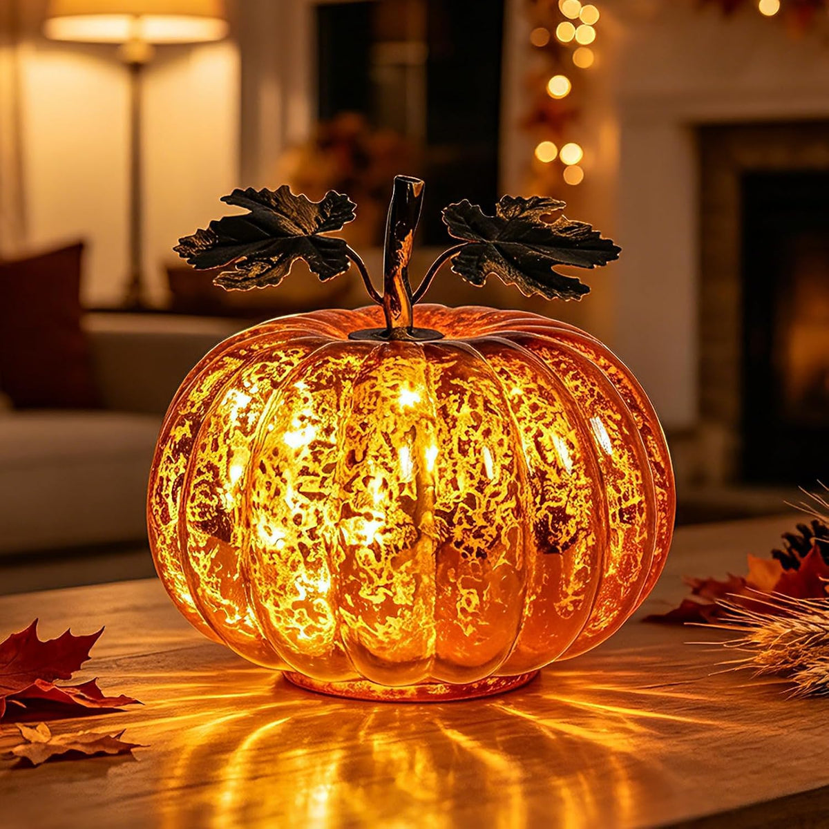 MUMTOP Mercury Glass Pumpkin Lamp Fall Halloween Lights Decor Gift | Fall Pumpkin Lantern with Timer Gold Starry Night Pumpkins Autumn for Indoor Outdoor Table Office Decor or Gifts