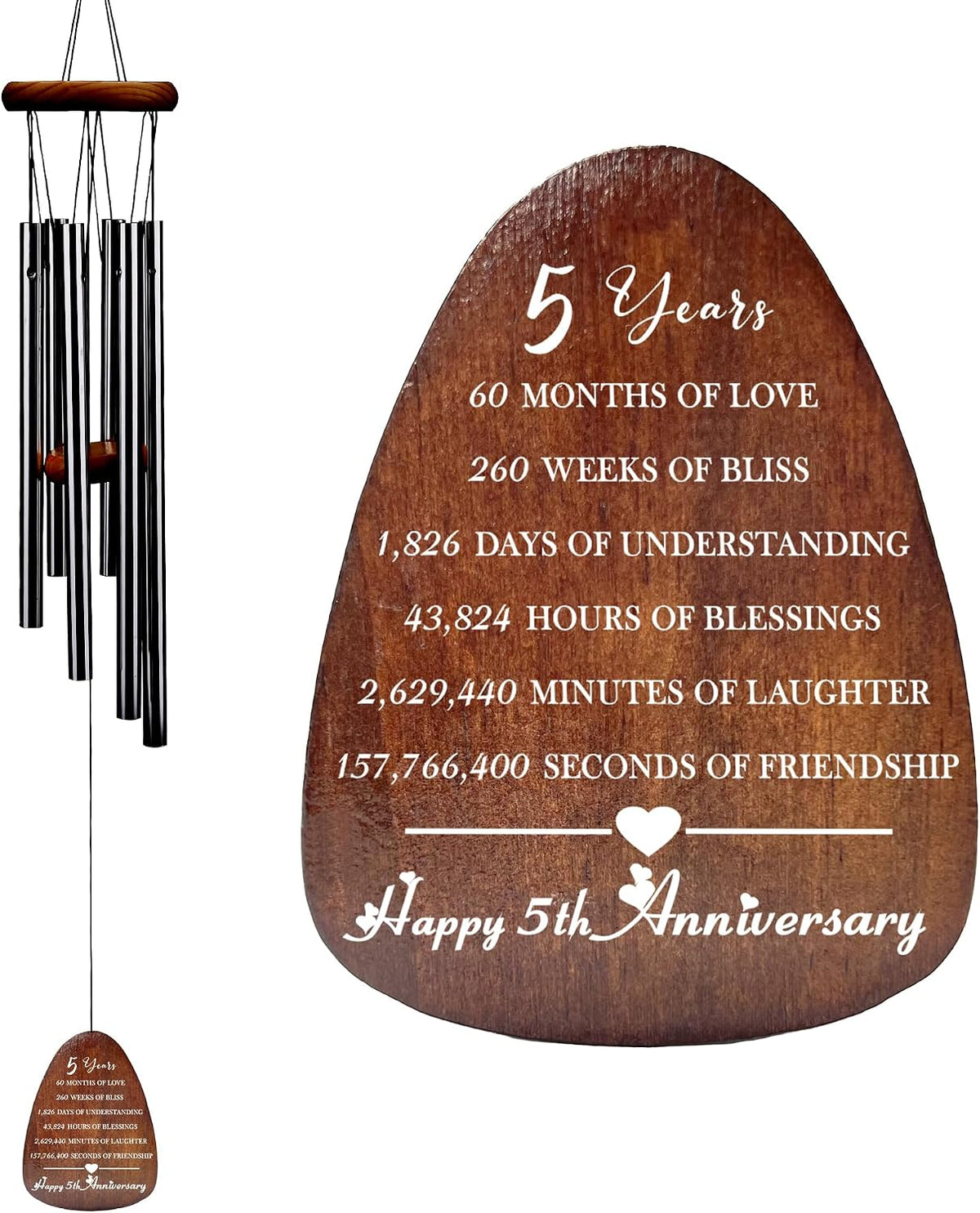 5 Years Anniversary Wind Chime, Happy 5th for Husband Wife Couples, 5 Years of Marriage, Wood Wedding Keepsake Gifts, Wooden Wedding