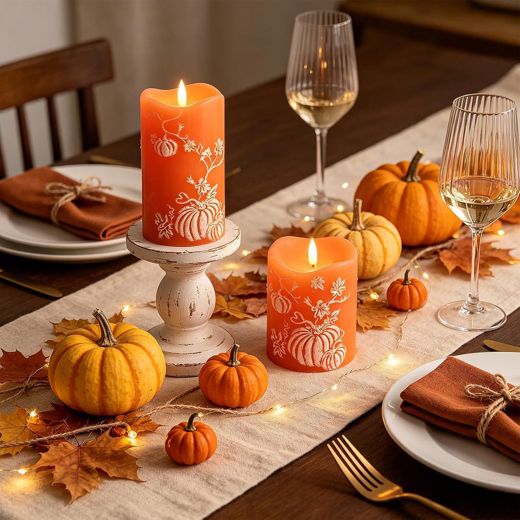 DN DECONATION Fall Decorations for Home, Flameless Pumpkin LED Candles | Orange & White, Real Wax, Pumpkin Embossed, Battery Operated Candles, Perfect for Autumn Thanksgiving, Home Table Decor, 2PCS
