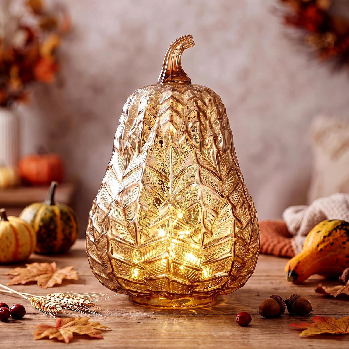 Anglechic Fall Glass Pumpkin Light up with Timer, Gourd, 5.7 x 8.9 in | LED Pumpkin Fall Decoration for Home Mantel, Autumn Thanksgiving Night Lights, Rustic Decor Lamp Table Centerpiece Decoration