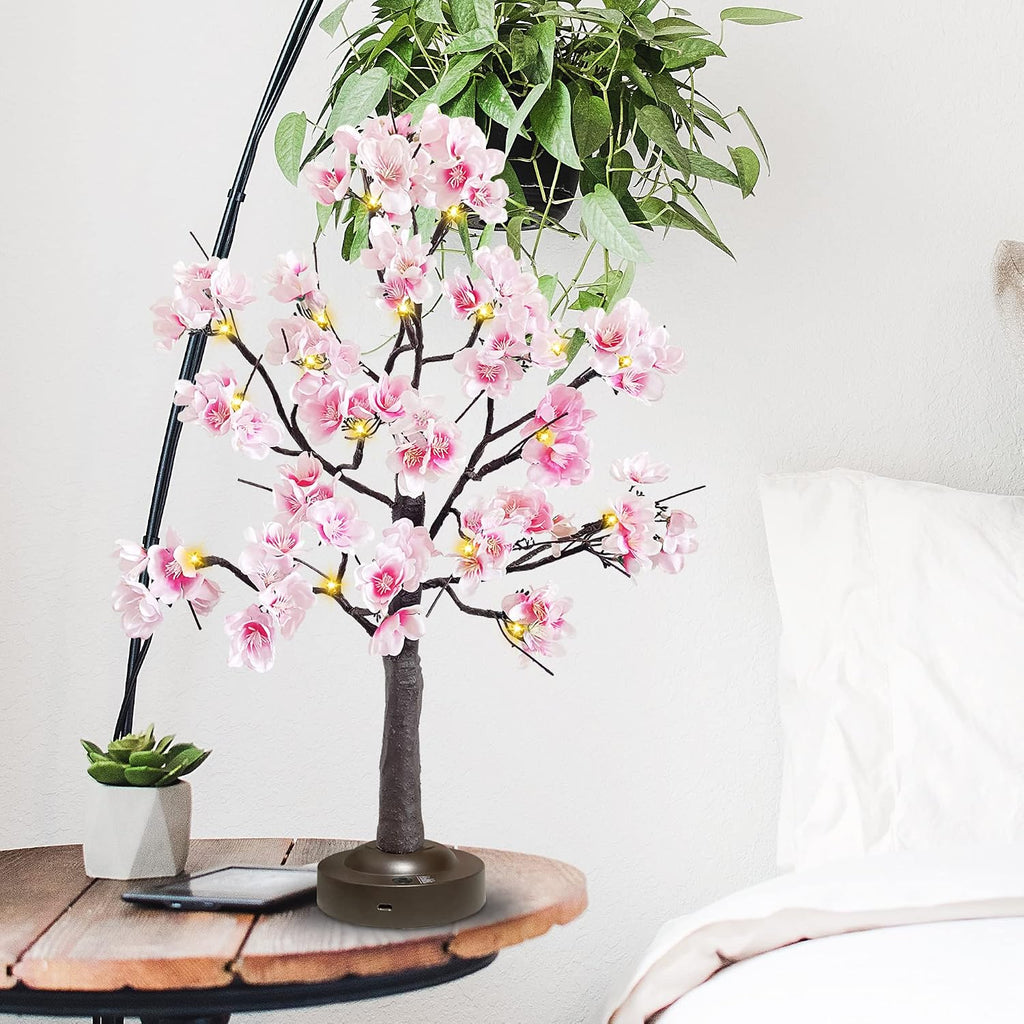 JOINTWIN Cherry Blossom Tree Light 24 Led Pink Flower Artificial Tabletop Tree Battery and USB Operated 8 Lighting Modes with Timer Function for Spring Home Decoration(Warm White)