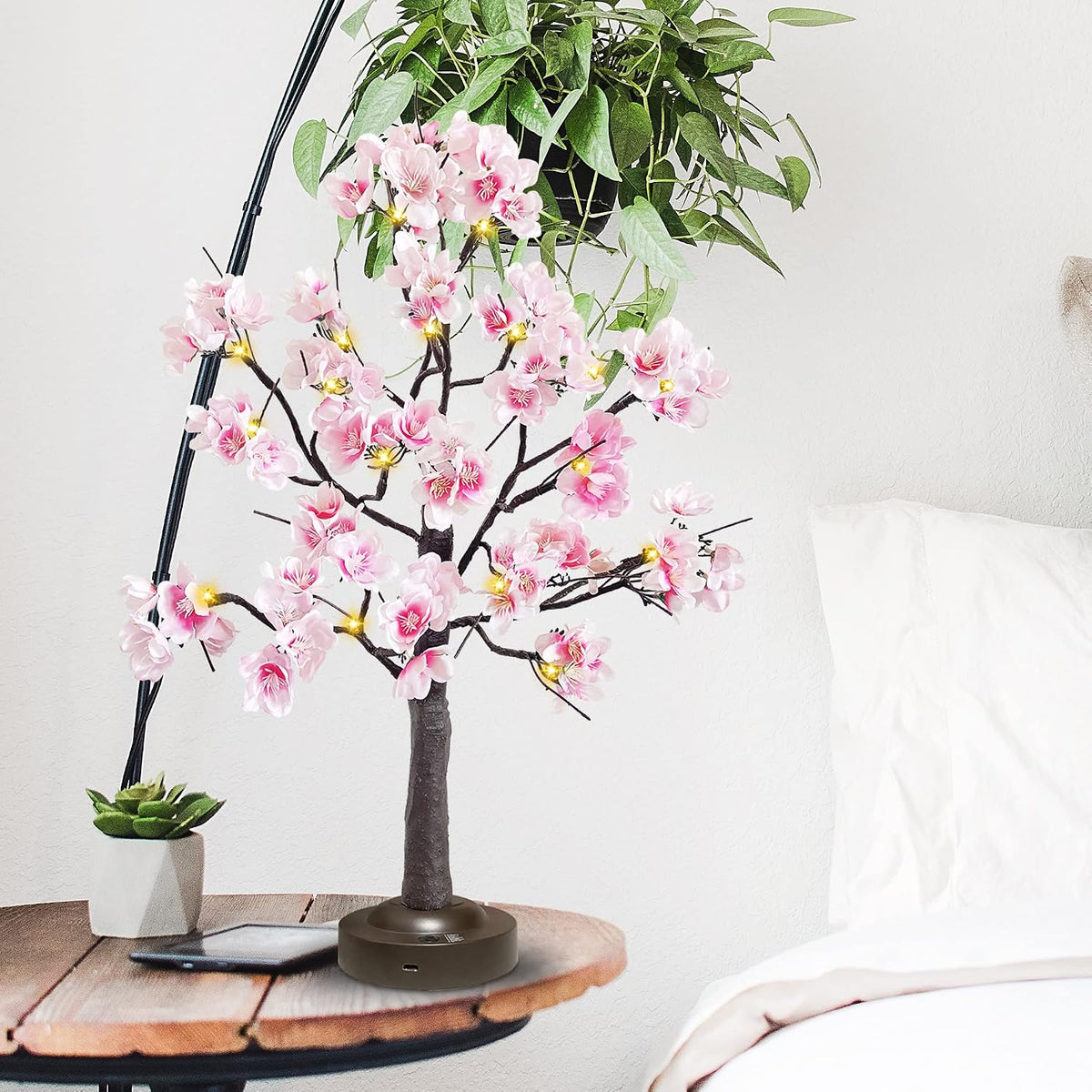 JOINTWIN Cherry Blossom Tree Light 24 Led Pink Flower Artificial Tabletop Tree Battery and USB Operated 8 Lighting Modes with Timer Function for Spring Home Decoration(Warm White)