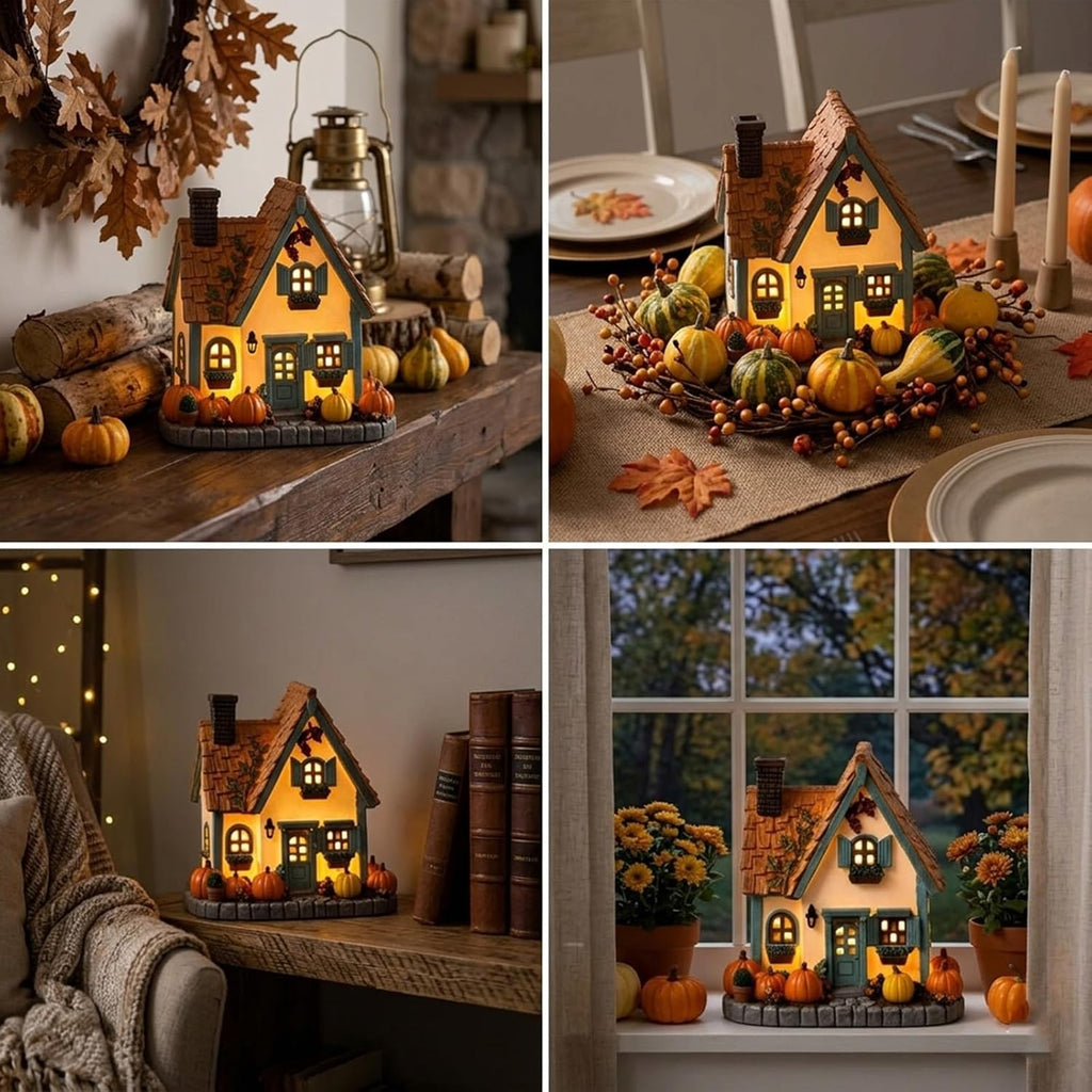 Lighted Resin Pumpkin House, LED Warm Glow Cottage Tabletop Decor | Hidden LED Inside, Auto Timer, Stone Base, 19cm Tall, No Assembly, for Mantel Entryway Shelf