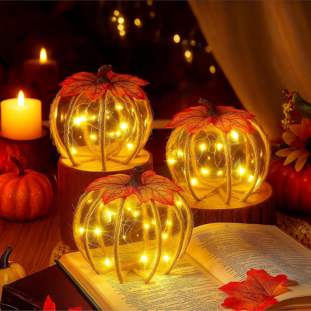 Honeydak Fall Decorations for Home, 3 Pcs Glass Pumpkin Lights with LED | Warm Fairy Starry Lights, for Autumn Harvest, Thanksgiving, Halloween, Mantel, Shelf, Table Centerpiece Decor or Gifts