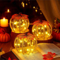 Honeydak Fall Decorations for Home, 3 Pcs Glass Pumpkin Lights with LED | Warm Fairy Starry Lights, for Autumn Harvest, Thanksgiving, Halloween, Mantel, Shelf, Table Centerpiece Decor or Gifts