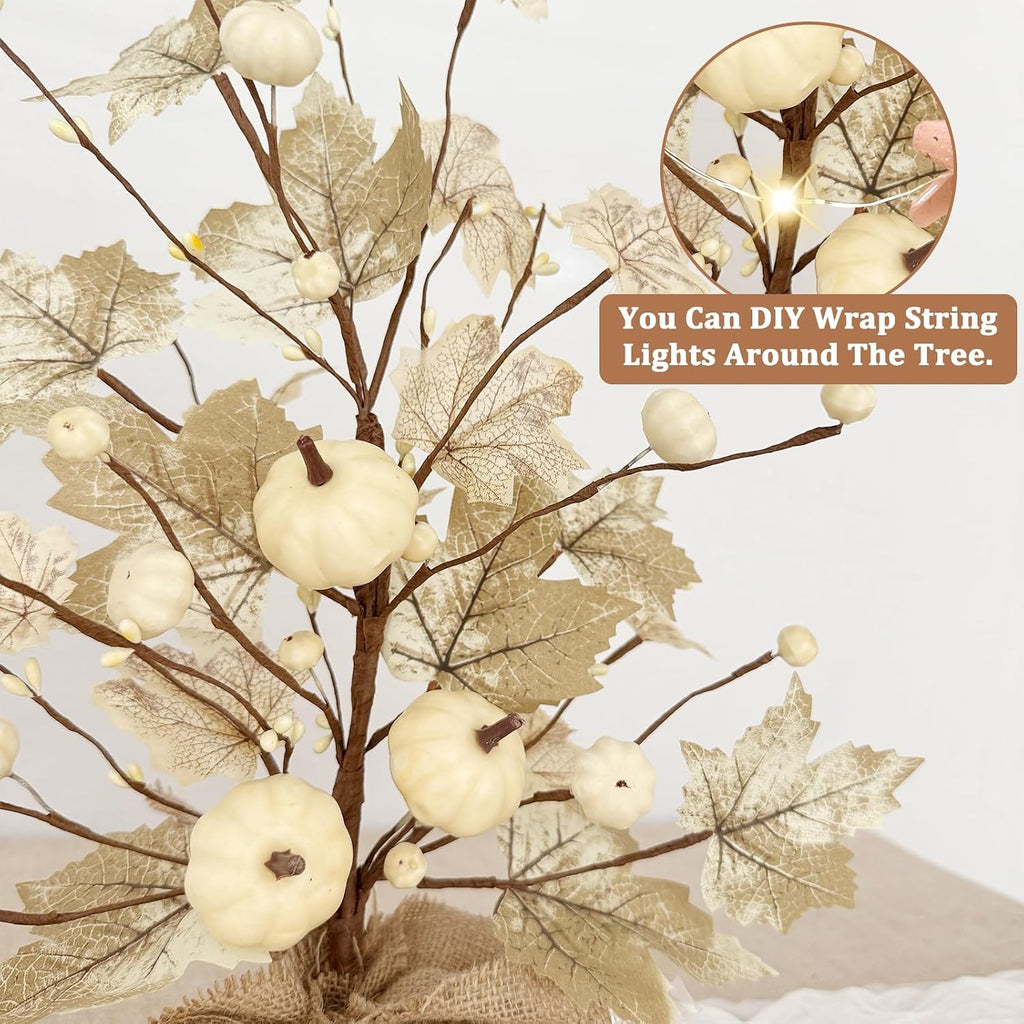Timer - Fall Decor 2 Pack 18 Inch Lighted Fall Maples Tree 40 LED Lights | Fall Decorations for Home with White Pumpkins Berries Battery Operated Thanksgiving Decoration Autumn Indoor Table Fireplace
