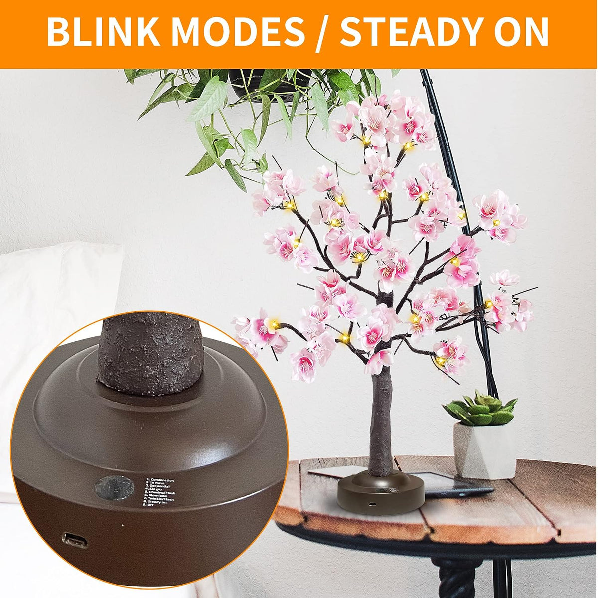 JOINTWIN Cherry Blossom Tree Light 24 Led Pink Flower Artificial Tabletop Tree Battery and USB Operated 8 Lighting Modes with Timer Function for Spring Home Decoration(Warm White)