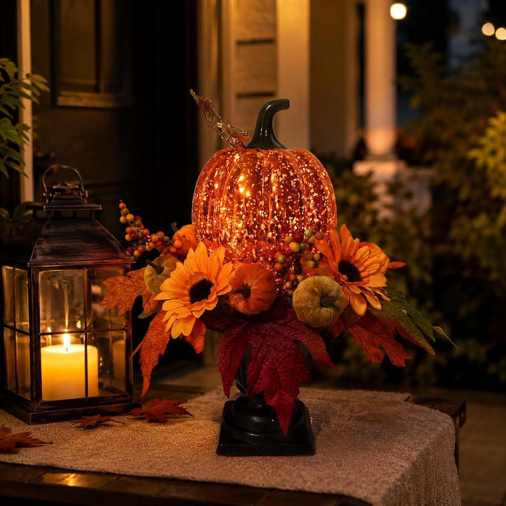 Svndlyn 15 Inch Lighted Fall Pumpkin Arrangement with Pumpkin, Daisies | 15 LEDs with Mercury Glass-Style Pumpkin, Mini Pumpkins, Maple Leaves and Berry Clusters for Fall Thanksgiving Harvest Decor
