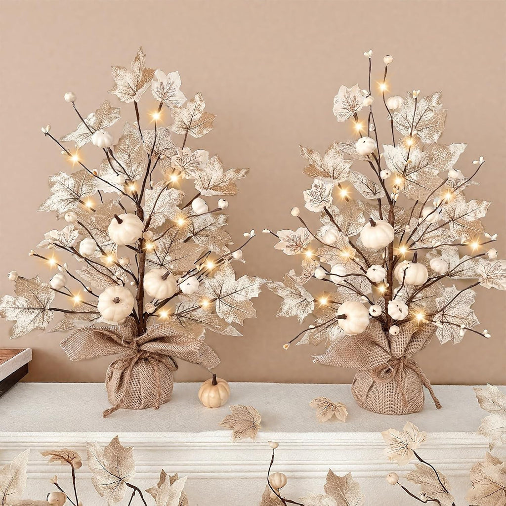 Timer - Fall Decor 2 Pack 18 Inch Lighted Fall Maples Tree 40 LED Lights | Fall Decorations for Home with White Pumpkins Berries Battery Operated Thanksgiving Decoration Autumn Indoor Table Fireplace
