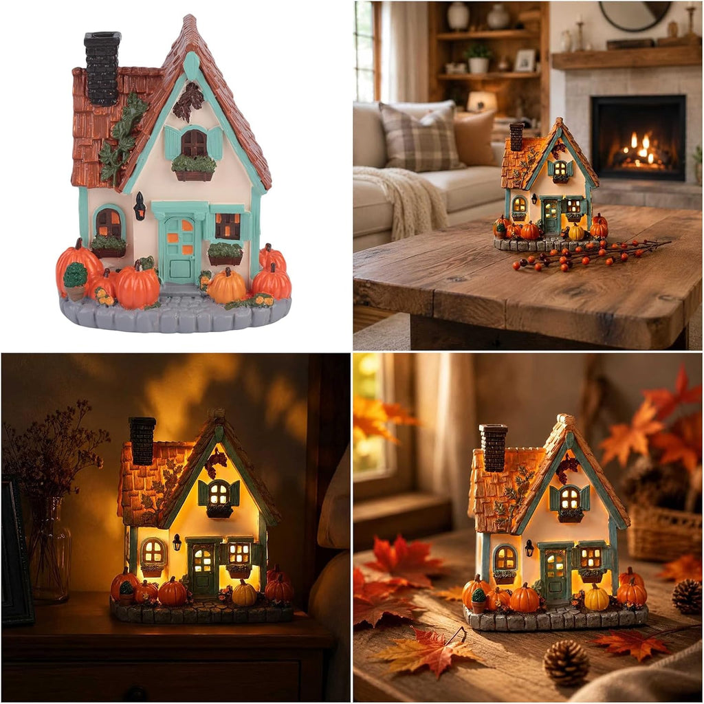 Lighted Resin Pumpkin House, LED Warm Glow Cottage Tabletop Decor | Hidden LED Inside, Auto Timer, Stone Base, 19cm Tall, No Assembly, for Mantel Entryway Shelf