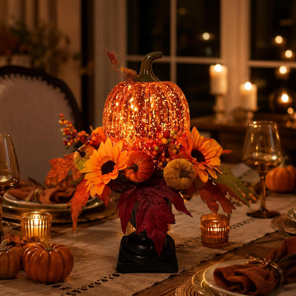 Svndlyn 15 Inch Lighted Fall Pumpkin Arrangement with Pumpkin, Daisies | 15 LEDs with Mercury Glass-Style Pumpkin, Mini Pumpkins, Maple Leaves and Berry Clusters for Fall Thanksgiving Harvest Decor