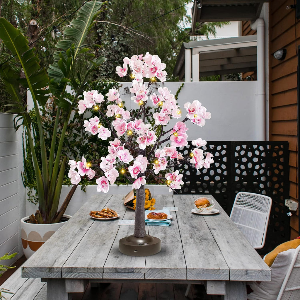 JOINTWIN Cherry Blossom Tree Light 24 Led Pink Flower Artificial Tabletop Tree Battery and USB Operated 8 Lighting Modes with Timer Function for Spring Home Decoration(Warm White)