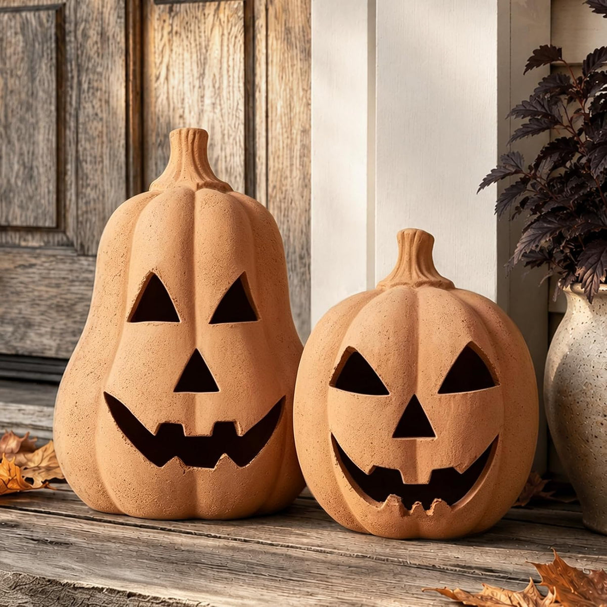 Halloween Decorations, Set of 2 Handmade Terracotta Jack O' Lanterns | Cozy Fall Decor for Home, Indoor Outdoor Autumn Farmhouse Decor for Porch, Front Door, Mantel, Table Centerpiece