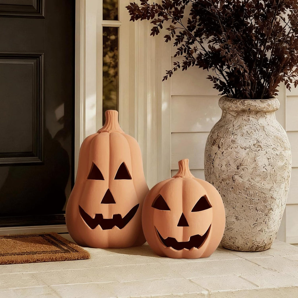 Halloween Decorations, Set of 2 Handmade Terracotta Jack O' Lanterns | Cozy Fall Decor for Home, Indoor Outdoor Autumn Farmhouse Decor for Porch, Front Door, Mantel, Table Centerpiece