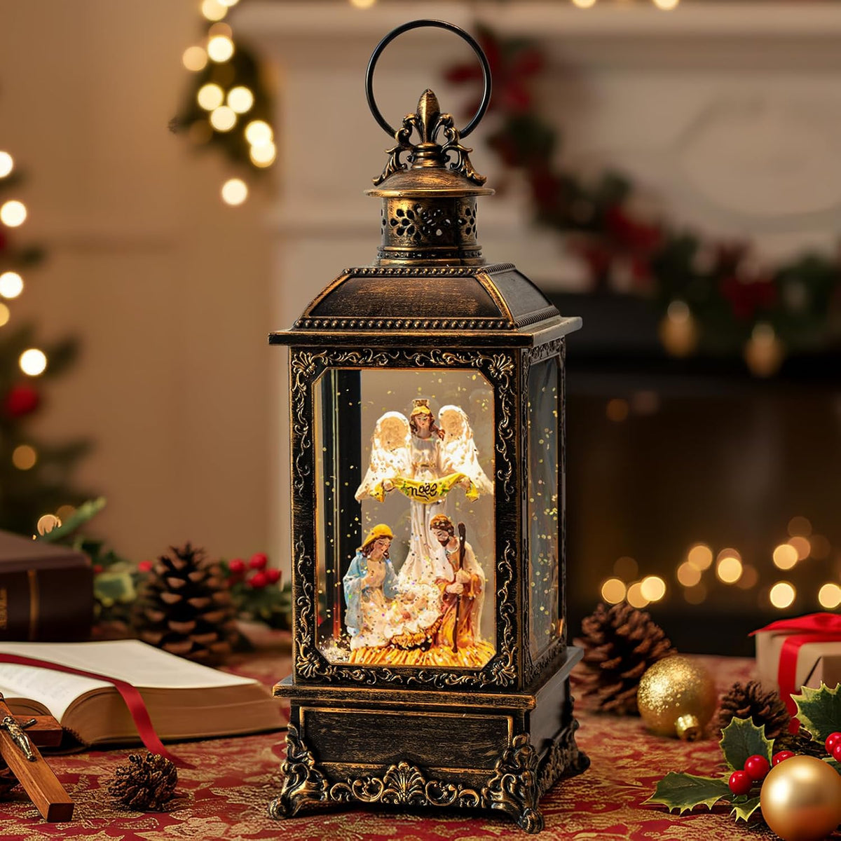 Fall Harvest Snow Globe Lantern, Lighted Autumn Pumpkin Snow Globe with Sunflowers, Scarecrow & Fence, Vintage Tabletop Thanksgiving Decor for Home, Living Room, Mantel, Farmhouse
