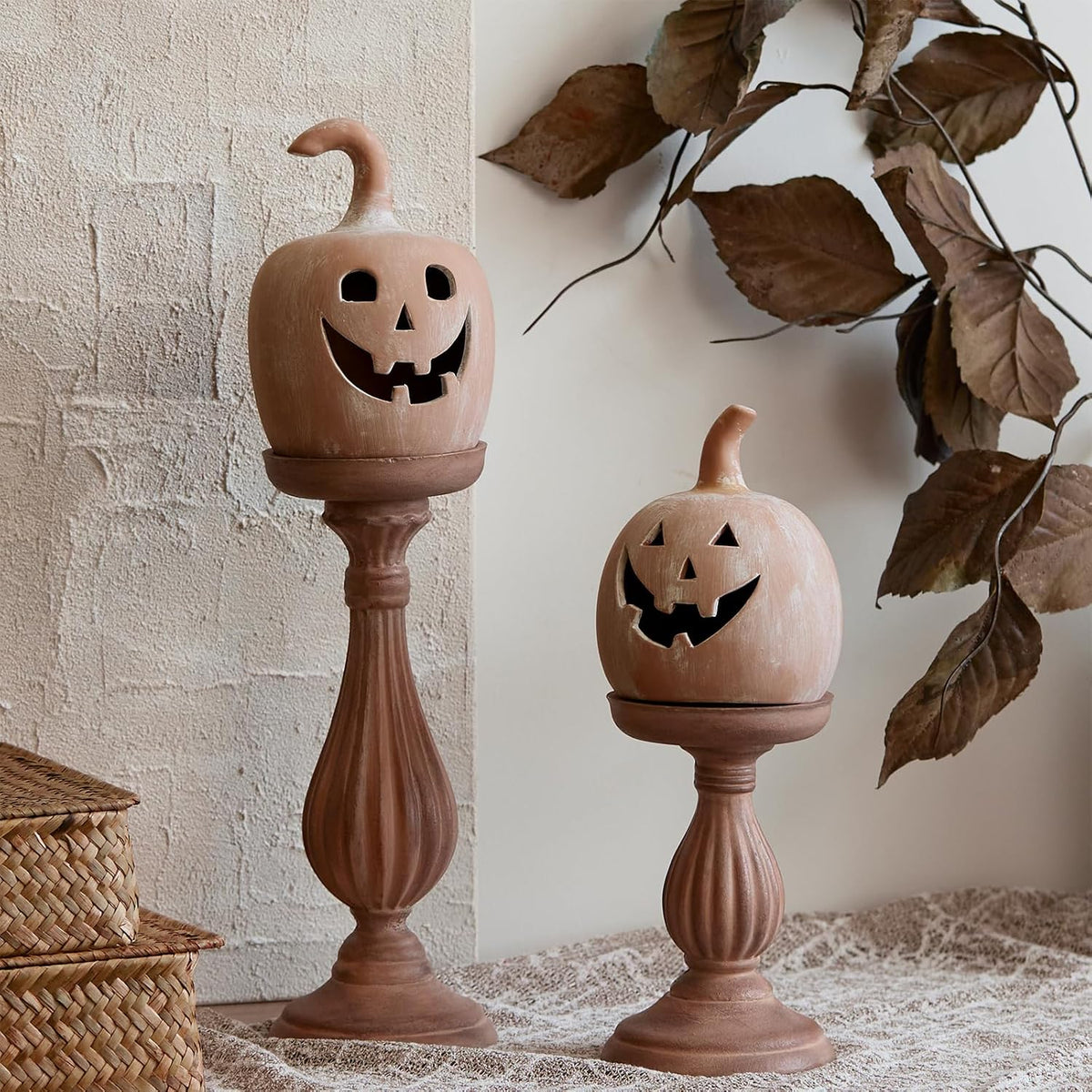 DN DECONATION Halloween Fall Pumpkin Decor, Jack O Lantern Tealight Holders | Terracotta Pumpkin Tea Light Candle Holders, Carved Face, For Fall Halloween Decorations, Farmhouse Table Mantle Decor, 2PCS