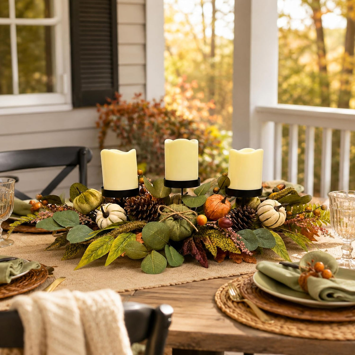 Svndlyn 26 Inch Fall Candle Holder Centerpiece with Pumpkins Pinecones | Three Black Candle Cups with Eucalyptus Leaves, Acorn and Berry Accents for Fall, Harvest and Thanksgiving Decor