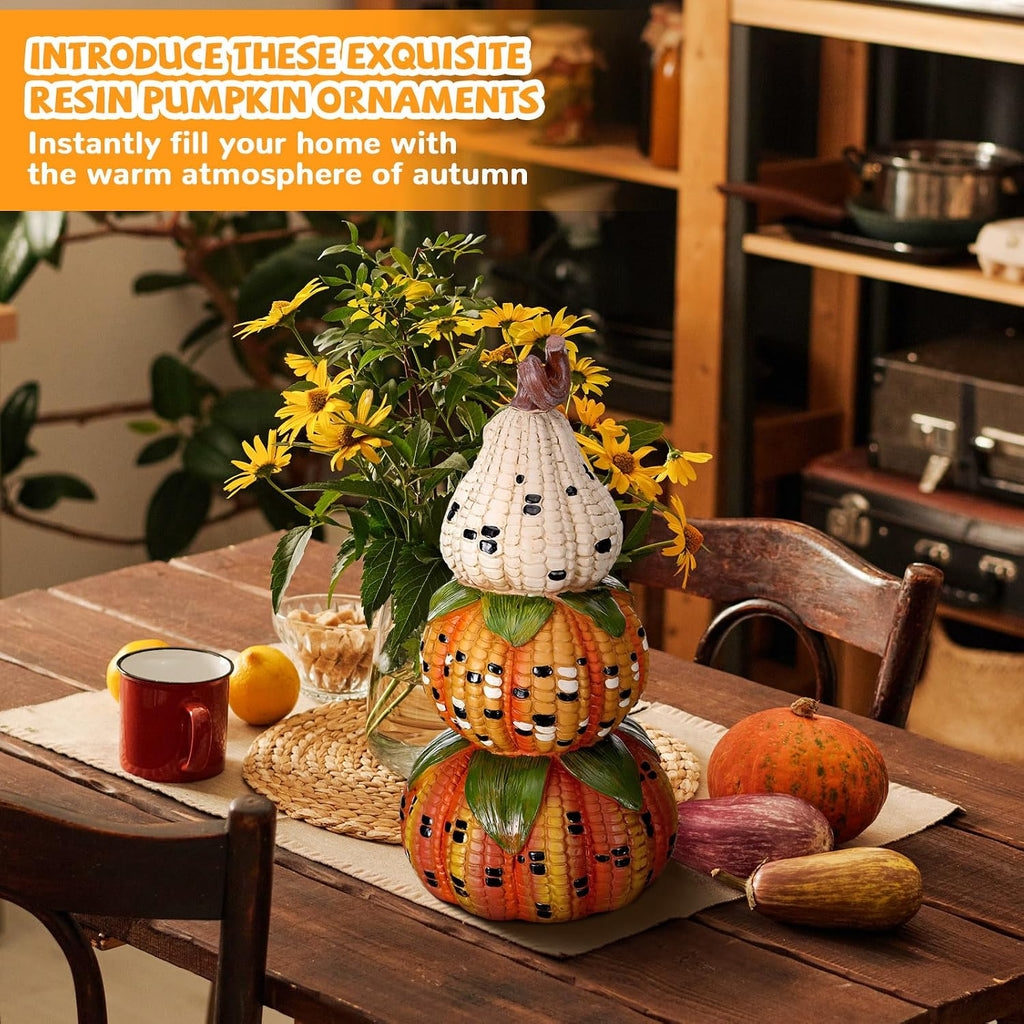 Fall Decorations for Home, Artificial Corn Decorative Pumpkins Figurines | 14'' Fall Stacked Pumpkin Decor, Resin Farmhouse Autumn Table Centerpieces for Thanksgiving Halloween Living Room Indoor