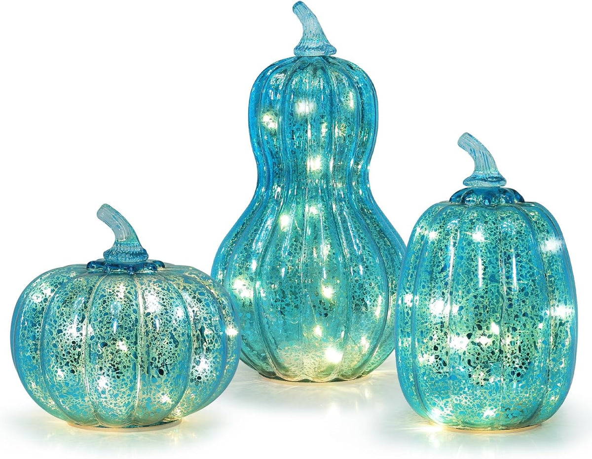 NEEDOMO Lighted Glass Pumpkin Decor, Set of 3 Gold Mercury Glass Pumpkins with Lights and Timer for Fall Thanksgiving Decorations, LED Collectible Figurines Fall Centerpiece for Tables Home