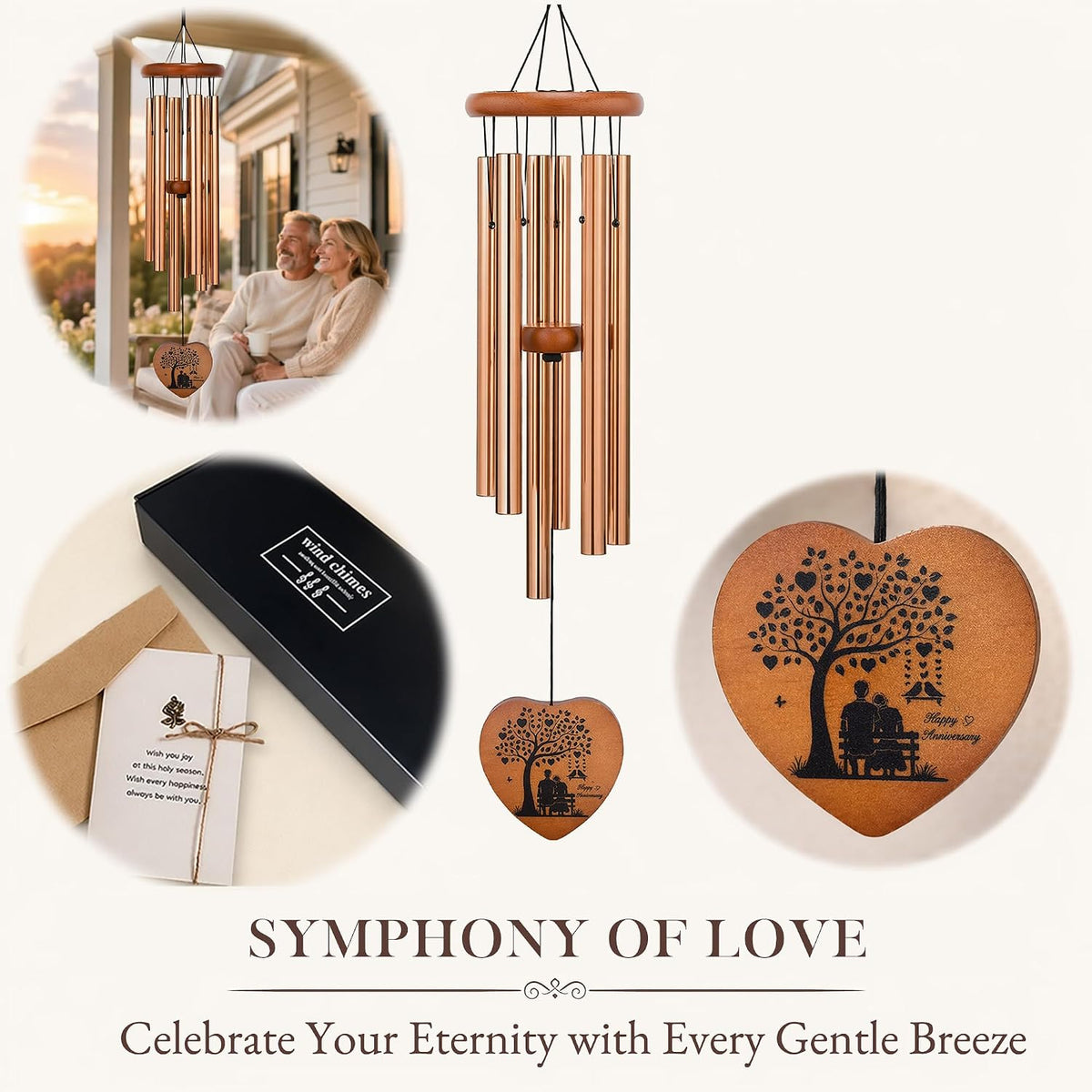 Anniversary Wind Chimes Gifts for Couple, Gifts for Husband, Wife & Parents | 32-Inch Outdoor Decor, Anniversary Decorations, Indoor & Outdoor Home & Garden Patio Decorations with Gift Box and Rose Card