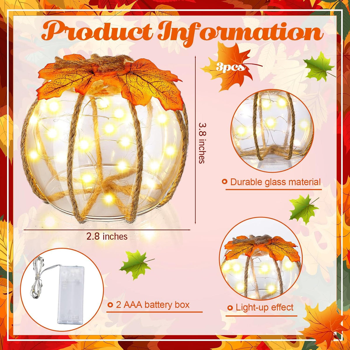 Honeydak Fall Decorations for Home, 3 Pcs Glass Pumpkin Lights with LED | Warm Fairy Starry Lights, for Autumn Harvest, Thanksgiving, Halloween, Mantel, Shelf, Table Centerpiece Decor or Gifts