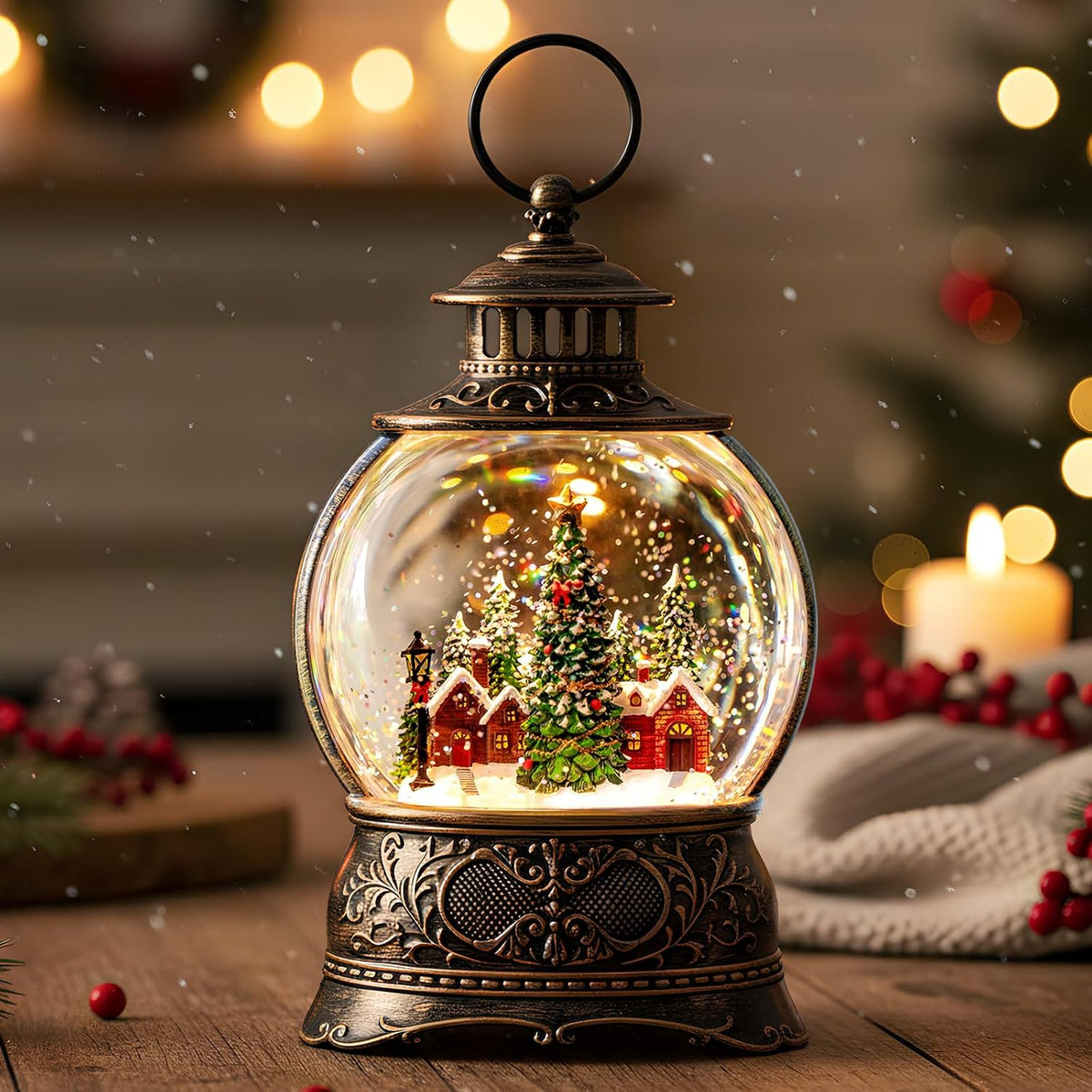 Fall Harvest Snow Globe Lantern, Lighted Autumn Pumpkin Snow Globe with Sunflowers, Scarecrow & Fence, Vintage Tabletop Thanksgiving Decor for Home, Living Room, Mantel, Farmhouse
