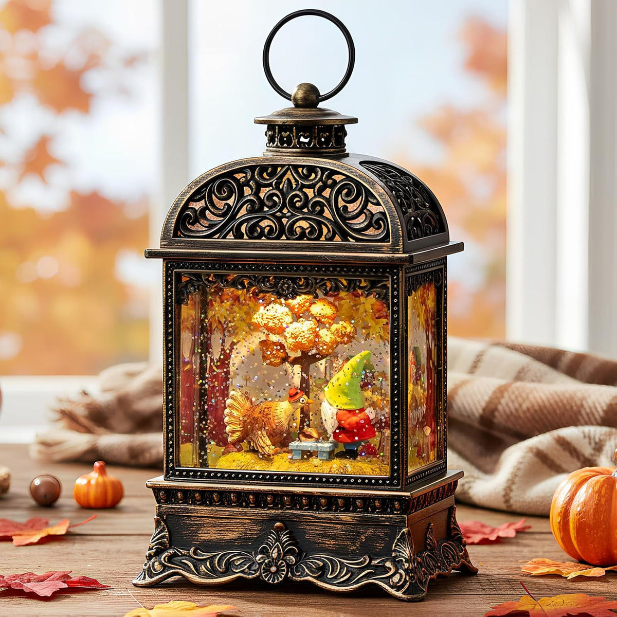 Fall Harvest Snow Globe Lantern, Lighted Autumn Pumpkin Snow Globe with Sunflowers, Scarecrow & Fence, Vintage Tabletop Thanksgiving Decor for Home, Living Room, Mantel, Farmhouse