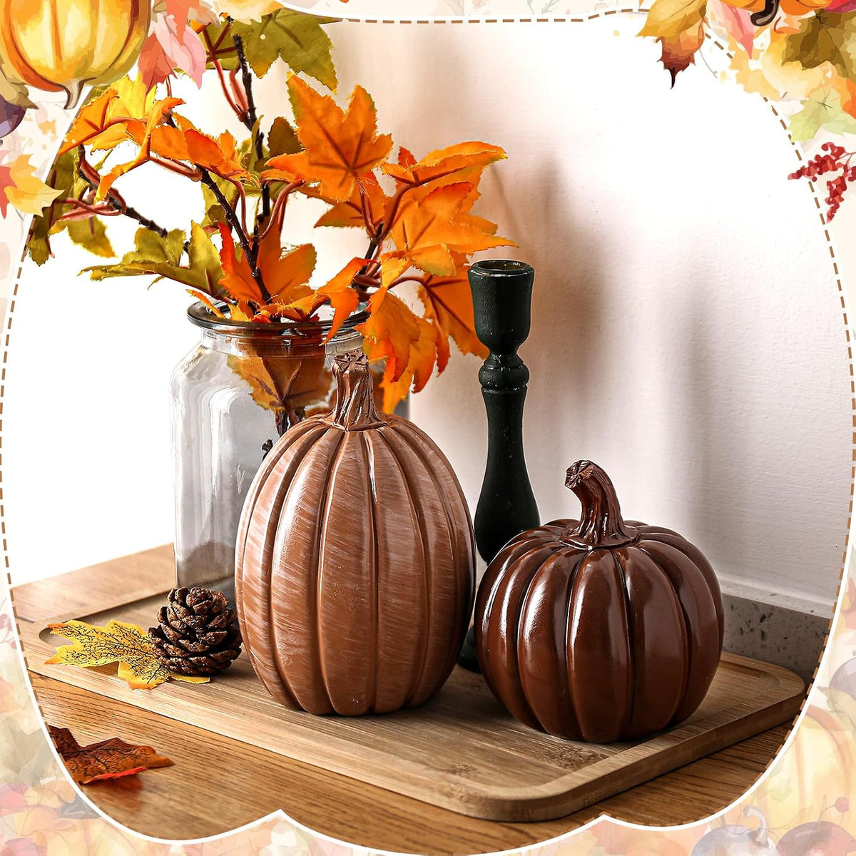 Vicenpal 2 Pcs Fall Pumpkin Decor Resin Pumpkin Table Decor, Brown, Glossy | Fall Table Centerpieces, Brown Pumpkins Figurine, Farmhouse Rustic, Thanksgiving Decor, Autumn Halloween Tabletop Mantel Home