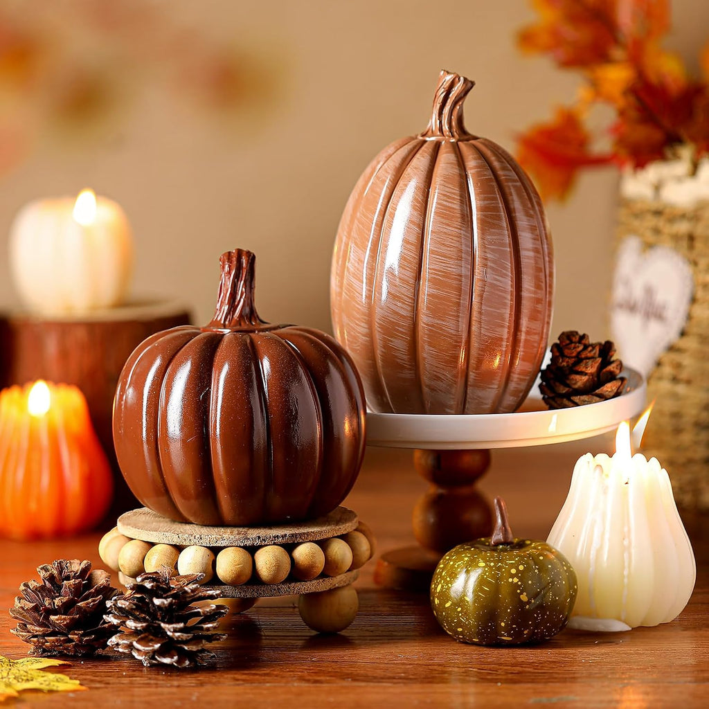 Vicenpal 2 Pcs Fall Pumpkin Decor Resin Pumpkin Table Decor, Brown, Glossy | Fall Table Centerpieces, Brown Pumpkins Figurine, Farmhouse Rustic, Thanksgiving Decor, Autumn Halloween Tabletop Mantel Home