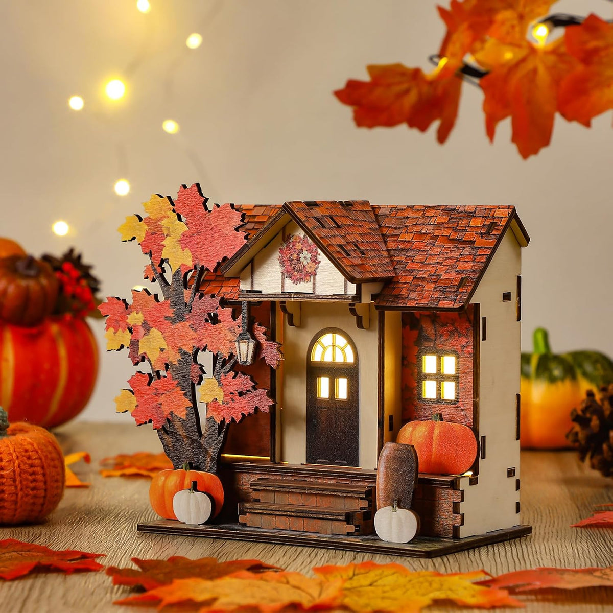 GlikCeil Fall Vintage Light up Pumpkins Cottage Halloween Decor Figurine | Autumn Handcrafted Wood, Glowing Pumpkin Table Decor, LED Harvest Maple House, Rustic Thanksgiving Decor Courtyard Decor