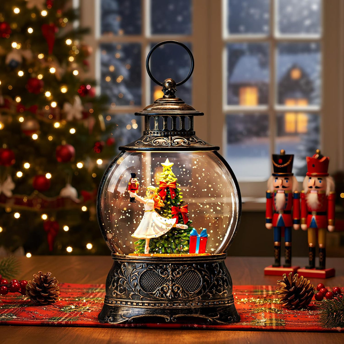 Fall Harvest Snow Globe Lantern, Lighted Autumn Pumpkin Snow Globe with Sunflowers, Scarecrow & Fence, Vintage Tabletop Thanksgiving Decor for Home, Living Room, Mantel, Farmhouse