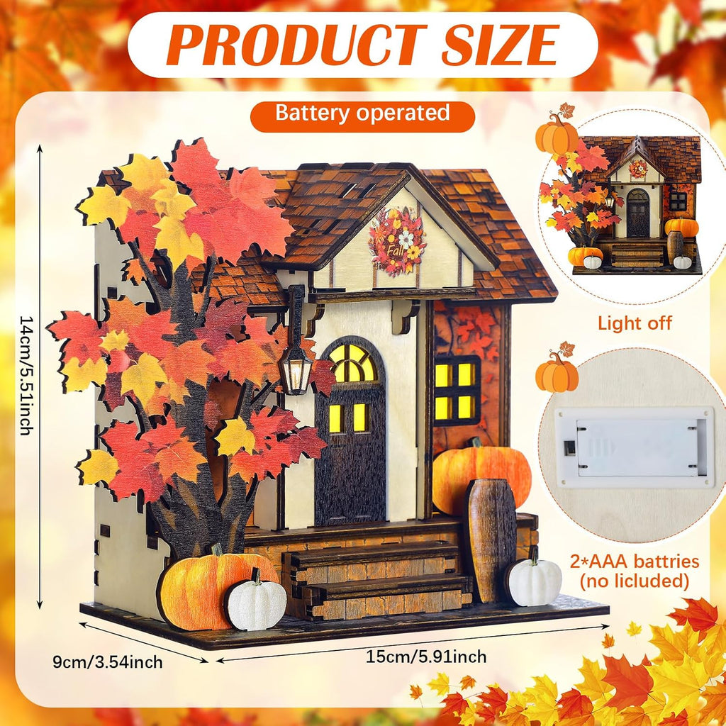 GlikCeil Fall Vintage Light up Pumpkins Cottage Halloween Decor Figurine | Autumn Handcrafted Wood, Glowing Pumpkin Table Decor, LED Harvest Maple House, Rustic Thanksgiving Decor Courtyard Decor