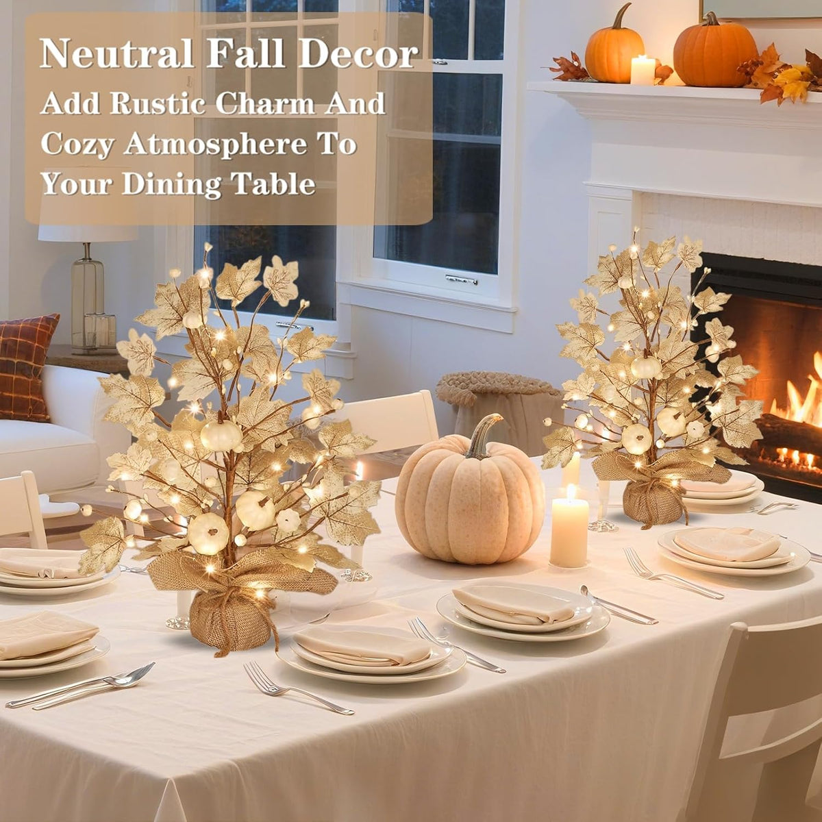 Timer - Fall Decor 2 Pack 18 Inch Lighted Fall Maples Tree 40 LED Lights | Fall Decorations for Home with White Pumpkins Berries Battery Operated Thanksgiving Decoration Autumn Indoor Table Fireplace