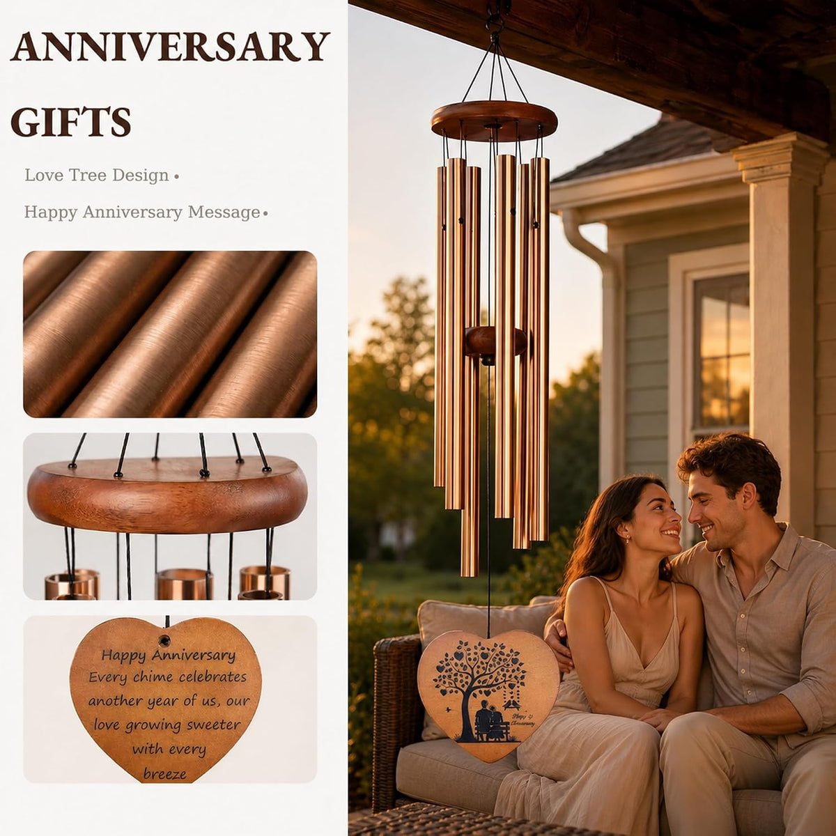 Anniversary Wind Chimes Gifts for Couple, Gifts for Husband, Wife & Parents | 32-Inch Outdoor Decor, Anniversary Decorations, Indoor & Outdoor Home & Garden Patio Decorations with Gift Box and Rose Card