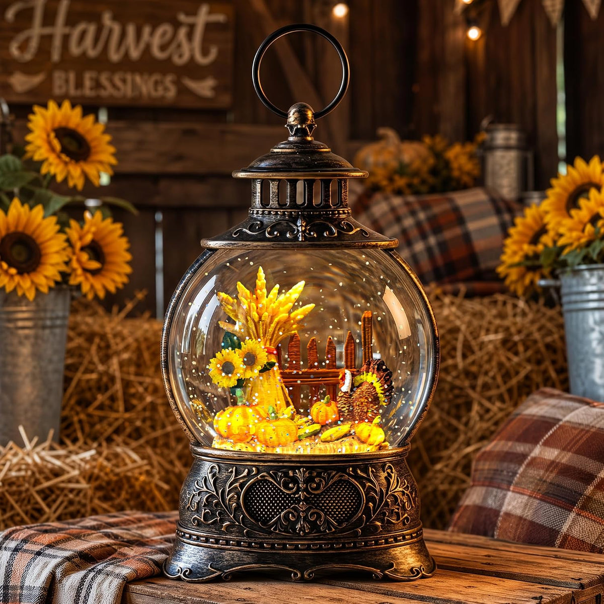Fall Harvest Snow Globe Lantern, Lighted Autumn Pumpkin Snow Globe with Sunflowers, Scarecrow & Fence, Vintage Tabletop Thanksgiving Decor for Home, Living Room, Mantel, Farmhouse
